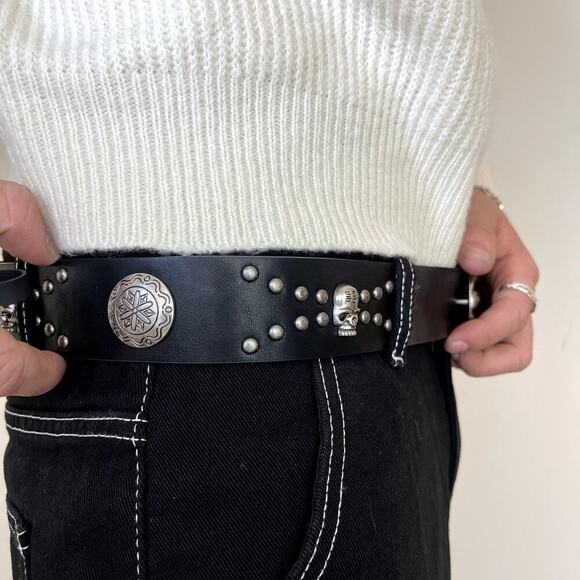 y2k 2000s vintage skeleton chrome cross studded goth emo black belt - Picture 6 of 8